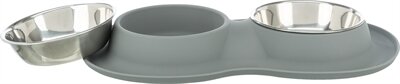 Trixie Voerbak / Waterbak Dubbel Siliconen / Rvs Grijs 2X400 ML