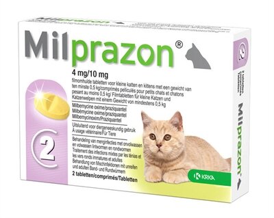 Krka Milprazon Ontwormingstabletten Kat &gt;0,5 KG 4 MG/10 MG 2 TBL