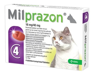 Krka Milprazon Ontwormingstabletten Kat &gt;2 KG 16 MG/40 MG 4 TBL