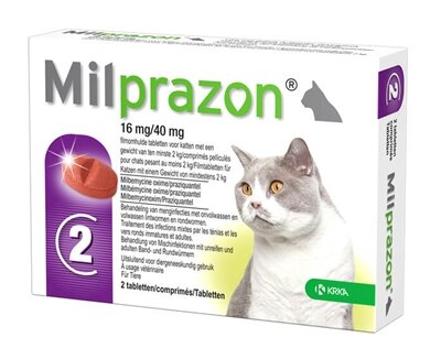 Krka Milprazon Ontwormingstabletten Kat &gt;2 KG 16 MG/40 MG 2 TBL