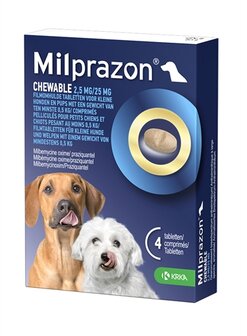 Krka Milprazon Kauwtabletten Ontwormingstabletten Hond &gt;0,5 KG 2,5 MG/25 MG 4 TBL