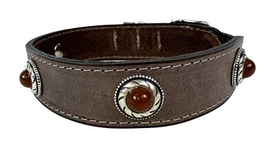 Sazzz Halsband Hond Boho Treasure Stone Vintage Leer Bruin 32-39X3 CM