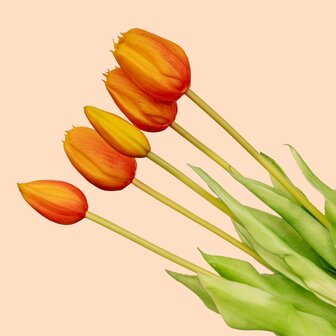 Tulip Bouquet &ndash; 10 Pieces &ndash; Mixed Colours &ndash; &lsquo;Real Touch&rsquo; Artificial Tulips &ndash; 42 Cm (White/Green) Orange