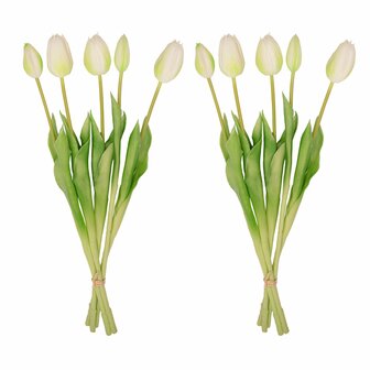 Tulip Bouquet &ndash; 10 Pieces &ndash; Mixed Colours &ndash; &lsquo;Real Touch&rsquo; Artificial Tulips &ndash; 42 Cm (White/Green) Green/white