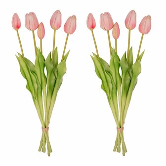 Tulip Bouquet &ndash; 10 Pieces &ndash; Mixed Colours &ndash; &lsquo;Real Touch&rsquo; Artificial Tulips &ndash; 42 Cm (White/Green) Pink