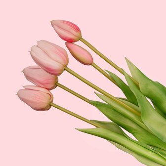 Tulip Bouquet &ndash; 10 Pieces &ndash; Mixed Colours &ndash; &lsquo;Real Touch&rsquo; Artificial Tulips &ndash; 42 Cm (White/Green) Pink