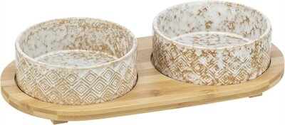 Trixie Set Voerbak / Waterbak Keramiek / Bamboe Wit / Natuur 2X800 ML 39X8X20 CM